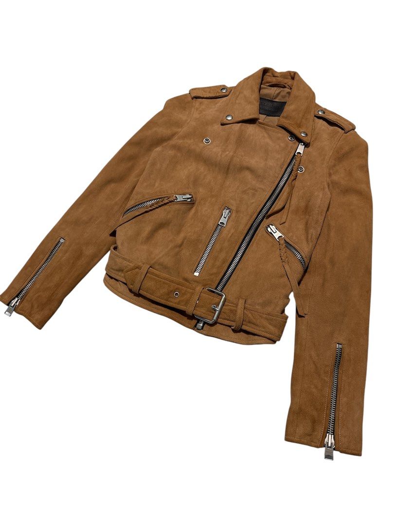 AllSaints Balfern Suede Leather Biker Jacket (Category: Coats, Jackets and Outerwear) located in Cagayan de Oro. Submitted by thatsdopethrift (Listing ID 1444535377, Image 2). Description: Authentic AllSaints Balfern asymmetrical suede biker jacket in tan brown. Classic heavy-hardware moto style with a built-in waist belt, shoulder epaulettes, and multiple functional zip pockets. Please note there are some natural dark spots and water/liquid wear