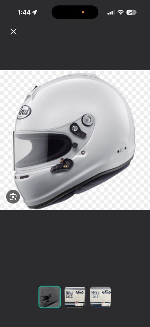 Arai GP-6S-8859 Helmet L (59cm) White (Category: Motorcycle Accessories) located in Singapore. Submitted by felixtheblackcat (Listing ID 1444661206, Image 1). Description: FIA and Snell certified full-face auto racing helmet from Arai's motorsport line. Same shell design as the top-tier GP-6RC used in Formula 1. Certifications: - FIA 8859-2015 - Snell SA2020 Key Features: - cLc (Complex Laminate Construction) shell - lightweight and strong, with 