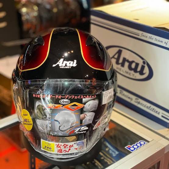Arai Vintage Open Face Helmet SZ-G Model SZG (Category: Motorcycle Apparel) located in Singapore. Submitted by comebackkid (Listing ID 1444602101, Image 1). Description: - Arai SZ-G Open Face Helmet -Size M 57-58cm - Colour: Black with Red & Gold Accents - Visor: Clear - Condition: Brand New in box from Japan - Ideal for riding #Arai #Shoei #Helmet #SZG.