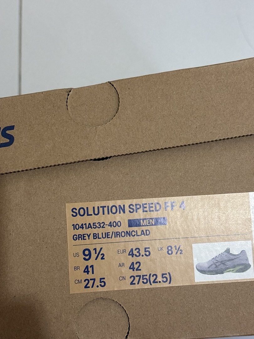 ASICS Solution Speed FF 4 Tennis Shoes Grey Blue Ironclad (Category: Sneakers) located in Singapore. Submitted by muzom (Listing ID 1444529902, Image 3). Description: - ASICS Solution Speed FF 4 Tennis Shoes - Color: Grey Blue/Ironclad - Size: US 9.5 (EUR 43.5, UK 8.5, CM 27.5) - Ideal for tennis and other court sports BNIB never worn before. RFS too small for me.