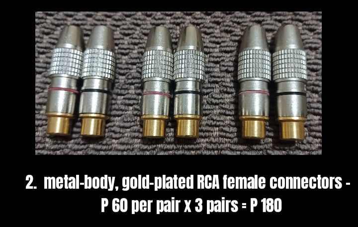 Assorted Audio Connectors: RCA, Banana Plugs, Adapters (Category: Other Audio Equipment) located in Quezon City. Submitted by wjmae (Listing ID 1444505471, Image 2). Description: - Gold-plated RCA Splitter Adapters: Enhance your audio signal distribution. - Metal-Body Female RCA Connectors: Durable and high-quality for secure connections. - Male Audio Connectors: Ideal for creating custom audio cables. - High-End Atohm WT-LMB Locking Banana Plugs