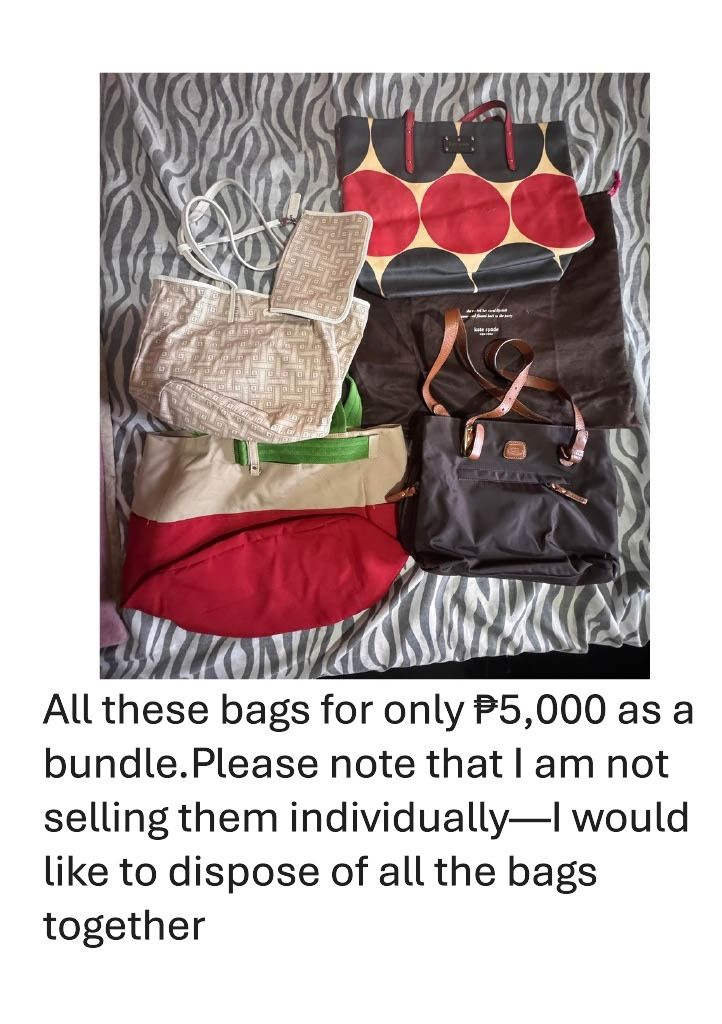 ASSORTED BAGS ALL ORIGINAL (KATE SPADE,LACOSTE,NEXT,BRICS) (Category: Tote Bags) located in Paranaque City. Submitted by bombshellmayet (Listing ID 1444605171, Image 1). Description: All these bags for only ₱5,000 as a bundle. Please note that I am not selling them individually—I would like to dispose of all the bags together.