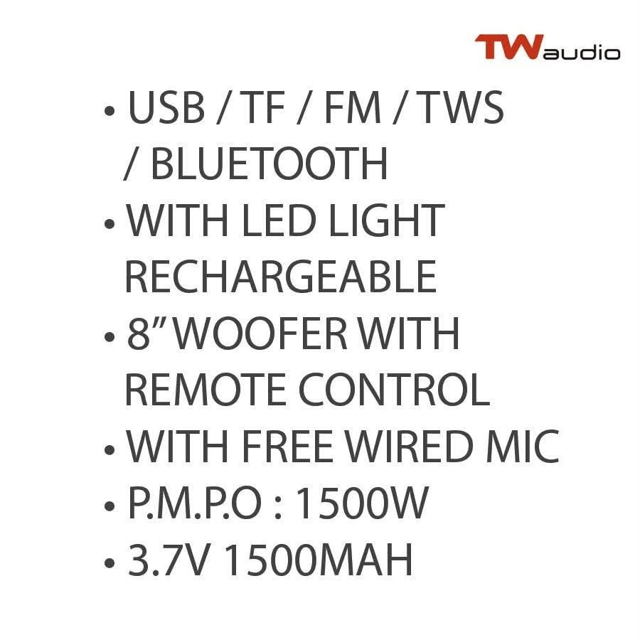 Audio 8" Bluetooth Speaker with Remote Control (Category: Soundbars, Speakers & Amplifiers) located in Marikina City. Submitted by jr.listings (Listing ID 1444616149, Image 3). Description: - USB / TF / FM / TWS / BLUETOOTH - With LED Light Rechargeable - 8" Woofer with remote control - With FREE Wired Mic - P.M.P.O: 1500W - 3.7V 1500MAH Code: Audio KN026.