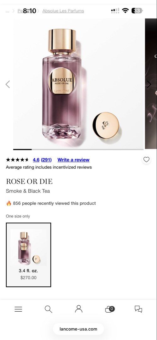 Authentic Lancome Absolue Rose Or Die Eau de Parfum (Category: Fragrance & Deodorants) located in Quezon City. Submitted by mc3nidad (Listing ID 1444506495, Image 3). Description: - Lancôme Absolue Rose Or Die perfume - Scent: Smoke & Black Tea - Condition: Full bottle, original box included - Authenticity: Purchased directly from Lancome USA - Ideal for: Perfume collectors or those seeking a unique fragrance.