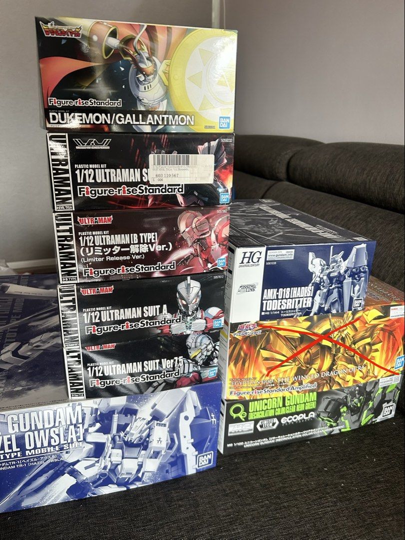 Bandai Gundam 1/100 MG 1/144 HG Figure Rise Ultraman Digimon Yugioh (Category: Gundam Model Kits) located in Singapore. Submitted by thewillows (Listing ID 1444193151, Image 1). Description: BNIB , meetup only, paynow and paylah - Dukemon/Gallantmon $20 - MG Hazel Owsla $110 - HG AMX-018 Todesritter $45 - MG Unicorn Gundam Recirculation EcoPla $80 -Figure Rise Amplified Yugioh Winged Dragon of Ra $70 (SOLD) - All four Ultraman for $100 (selling a