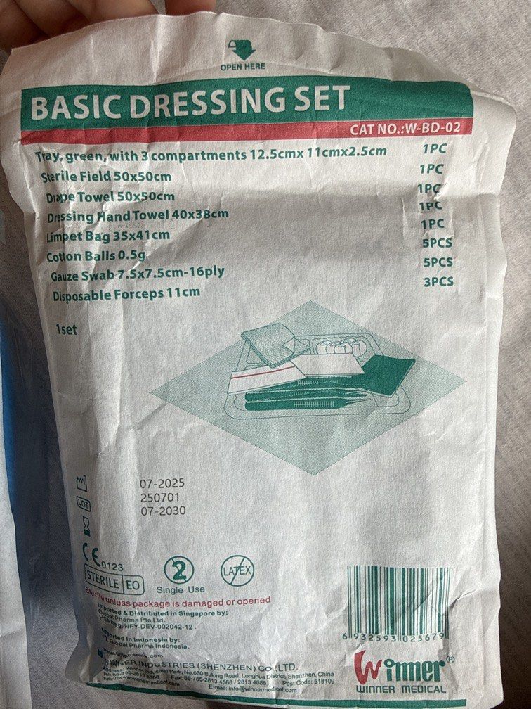 Basic Dressing Set (2pcs) (Category: Medical Supplies & Tools) located in Singapore. Submitted by welookalike (Listing ID 1444573138, Image 1). Description: Basic Dressing Set: Tray, green with 3 compartments Sterile Field 50x50cm Drape Towel 50x50cm Dressing Hand Towel 40x38cm Limpet Bag 35x41cm Cotton Balls 0.5g Gauze Swab 7.5x7.5cm Disposable Forceps 11cm.