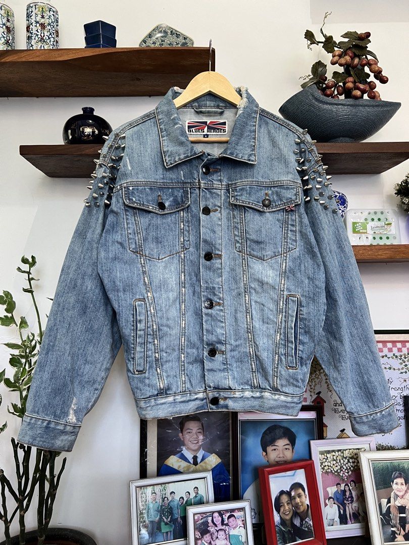 BLUES HEROES SPIKE DENIM JACKET (UNISEX) (Category: Coats, Jackets and Outerwear) located in Solano. Submitted by aljoners (Listing ID 1444573251, Image 3). Description: Size: S Width: 21.5 Length: 25.5 Color rate: 10/10 Condition: 10/10 Issue/s: 2 missing spike but unnoticeable and minimal rust stain but unnoticeable “Color may vary due to lighting”.