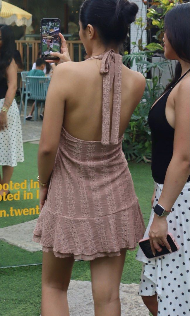 Brown Crochet Halter Neck Mini Dress (Category: Dresses) located in Cavite. Submitted by easy_finds (Listing ID 1444587790, Image 2). Description: USED ONCE ONLY - Cute crochet mini dress - Halter neck style - Flattering fit - Nice fabric texture - Perfect for beach days or summer outings - Looks great with sandals or heels - Ideal for your next vacation.