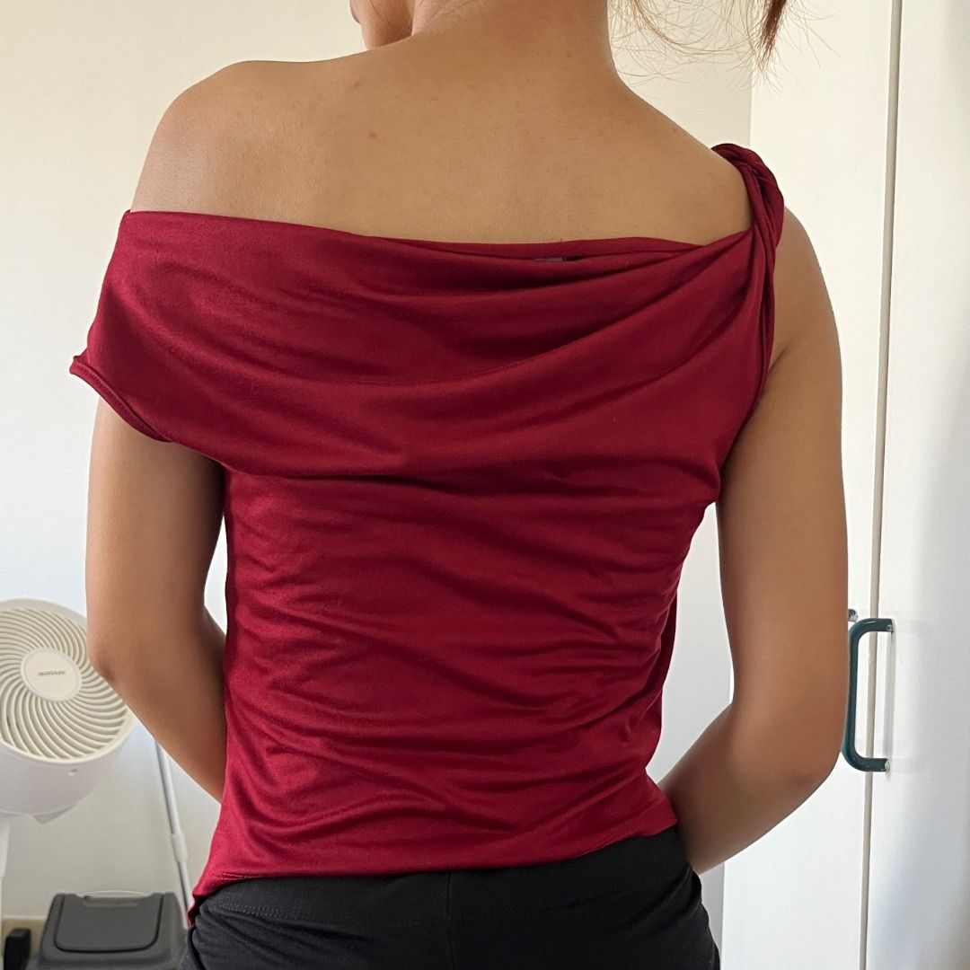 BSCO Asymmetrical Off-Shoulder Heidi Top Maroon Red One-Shoulder Drape (Category: Sleeveless) located in Santa Rosa. Submitted by declutterbyfena (Listing ID 1444571675, Image 3). Description: srp: 140 selling: 85 loc: santa rosa, laguna - bought from black app (BSCO) - cotton fabric - fits large - Ideal for night outs or special occasions.