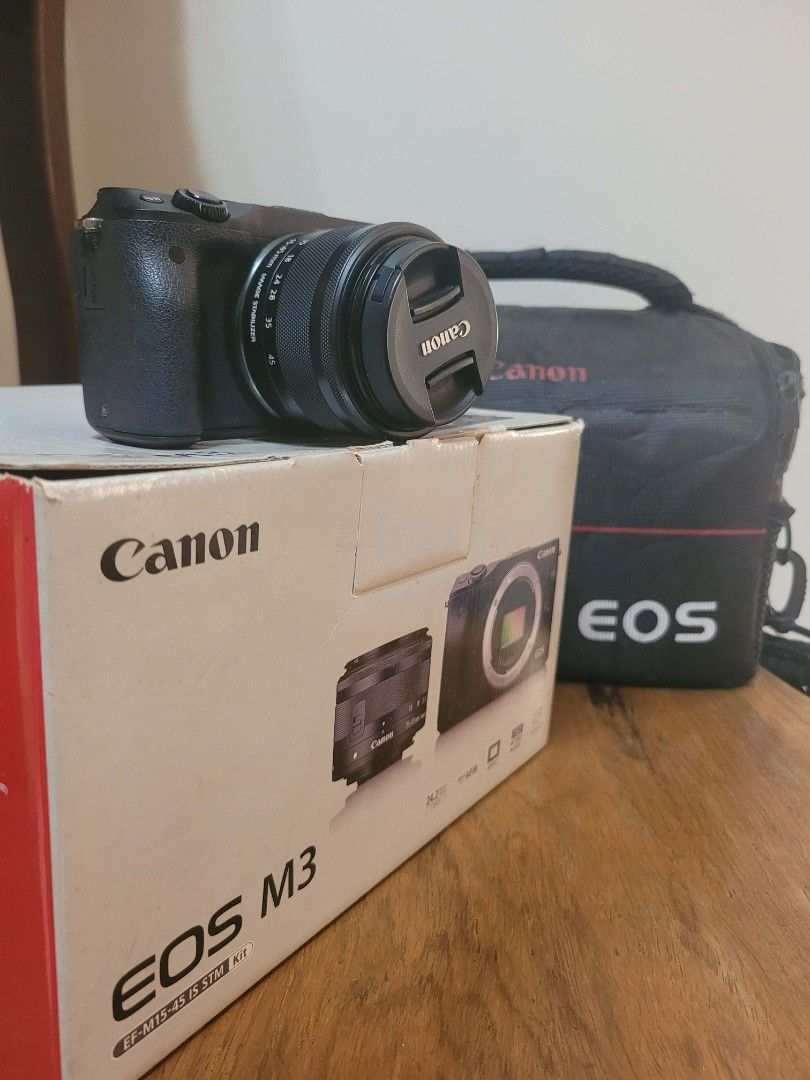 Canon EOS M3 Mirrorless Camera with EF-M 15-45mm Lens (Category: Cameras) located in Quezon City. Submitted by sweetcre4ture (Listing ID 1444648935, Image 1). Description: HELPING A FRIEND. If you're interested, I can refer you to him AUTO BLOCK TO LOWBALLERS Pick-up via lalamove/grab/etc: fixed price IF MEETUP or PERSONAL pickup: add P200 Inclusions: -Camera with kit lens -Original box -Original Bag -Original strap -Original Battery -Charger -Fr