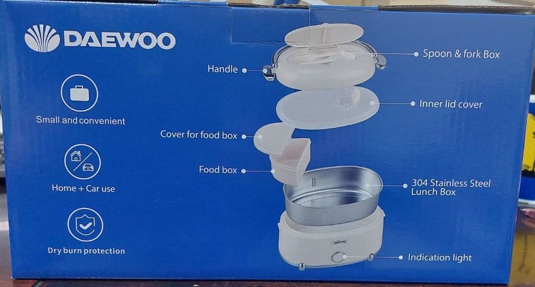 DAEWOO PORTABLE ELECTRIC LUNCH BOX (Category: Food Organization & Storage) located in Caloocan City. Submitted by charlie232a66 (Listing ID 1444508669, Image 2). Description: Daewoo 1.2L Electric Lunch Box (DPLB-02CRM) is a portable, aesthetic food warmer designed to heat meals on the go. It eliminates the need for a microwave by utilizing dual power supplies to heat your food evenly in just 15 to 30 minutes..