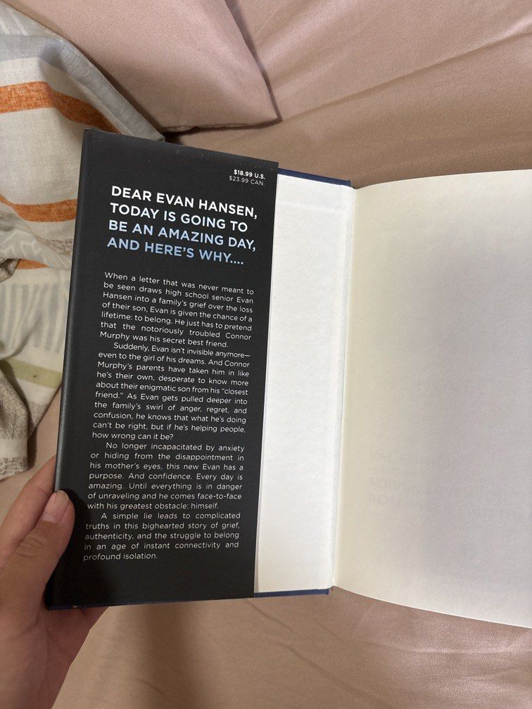 Dear Evan Hansen (hardbound) (Category: Storybooks) located in Manila. Submitted by declutterbybeans (Listing ID 1444568527, Image 2). Description: Dear Evan Hansen by Val Emmich Notes: - no annotations - some oxidized pages at the sides - good as new.
