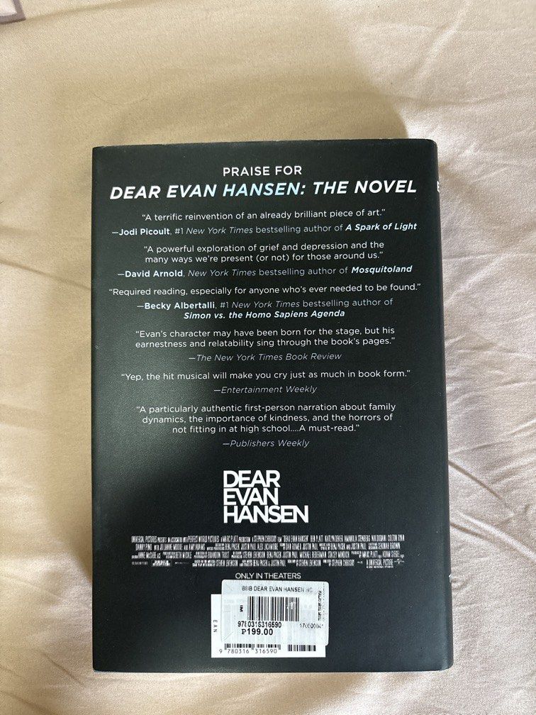 Dear Evan Hansen (hardbound) (Category: Storybooks) located in Manila. Submitted by declutterbybeans (Listing ID 1444568527, Image 3). Description: Dear Evan Hansen by Val Emmich Notes: - no annotations - some oxidized pages at the sides - good as new.
