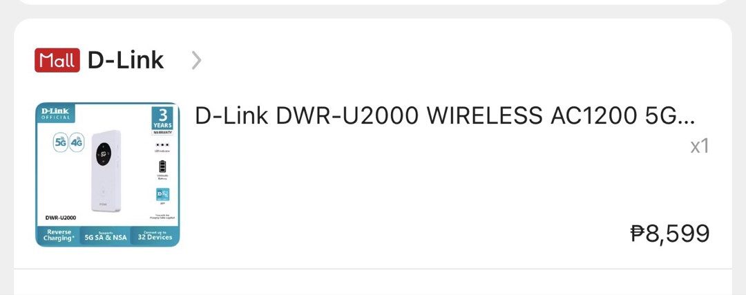 D-Link DWR-U2000 5G Mobile WiFi Router (Category: Networking) located in Manila. Submitted by ririkah (Listing ID 1444670160, Image 2). Description: - Experience ultra-fast 5G internet with SA & NSA support. - Connect up to 32 devices simultaneously. - Long-lasting 5000mAh battery with convenient reverse charging. - Comes with a 3-year warranty for your peace of mind. - Easy monitoring with LED indicator lights. - Control and manage with the D-Li