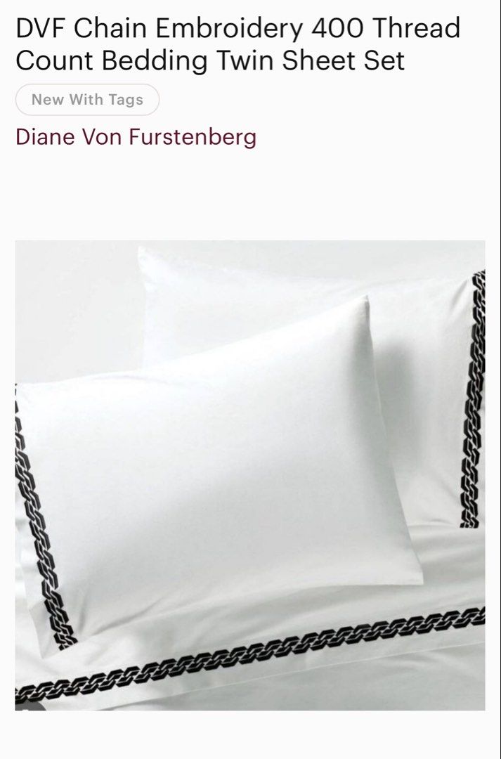DVF Chain Embroidery 400 Thread Count Pillowcase Egyptian Cotton (Category: Bedding & Towels) located in Calamba. Submitted by excelsheets (Listing ID 1444548854, Image 2). Description: 2 pairs available Queen size 20x30 inches Envelope enclosure Designed in Paris Tag removed Needs ironing These are mall pull outs and surplus. It’s brand new and not ukay. Item may have slight issue (e.g uneven stitch,minimal stain,washable dirt) but not that obvi