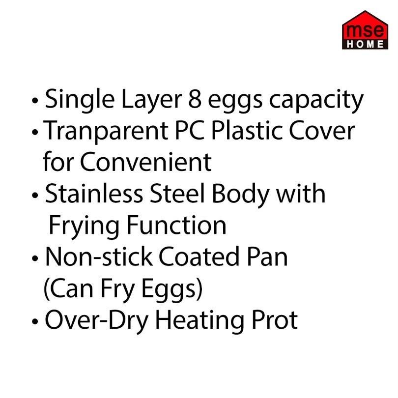 Egg Boiler - Yolk by MSE Home (Category: Food Organization & Storage) located in Marikina City. Submitted by jr.listings (Listing ID 1444554686, Image 3). Description: Yolk- SH595 Egg Boiler, Single Layer 8 Eggs Capacity A non-stick coated pan can fry eggs Stainless Steel Body 230vac / 60Hz/400w.