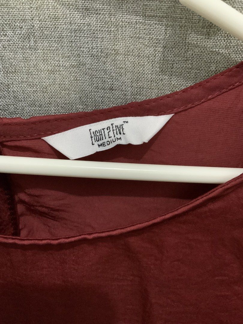 Eight2five Medium Red Satin Short Sleeve Top (Category: Blouses) located in Taguig. Submitted by mstyphoon (Listing ID 1444538399, Image 2). Description: - Red satin top - Brand: Eight2five - Size: Medium - Short sleeves with a slight flare - Round neckline - Keyhole detail at the back - Fabric has a nice sheen - Perfect for dressing up or down.
