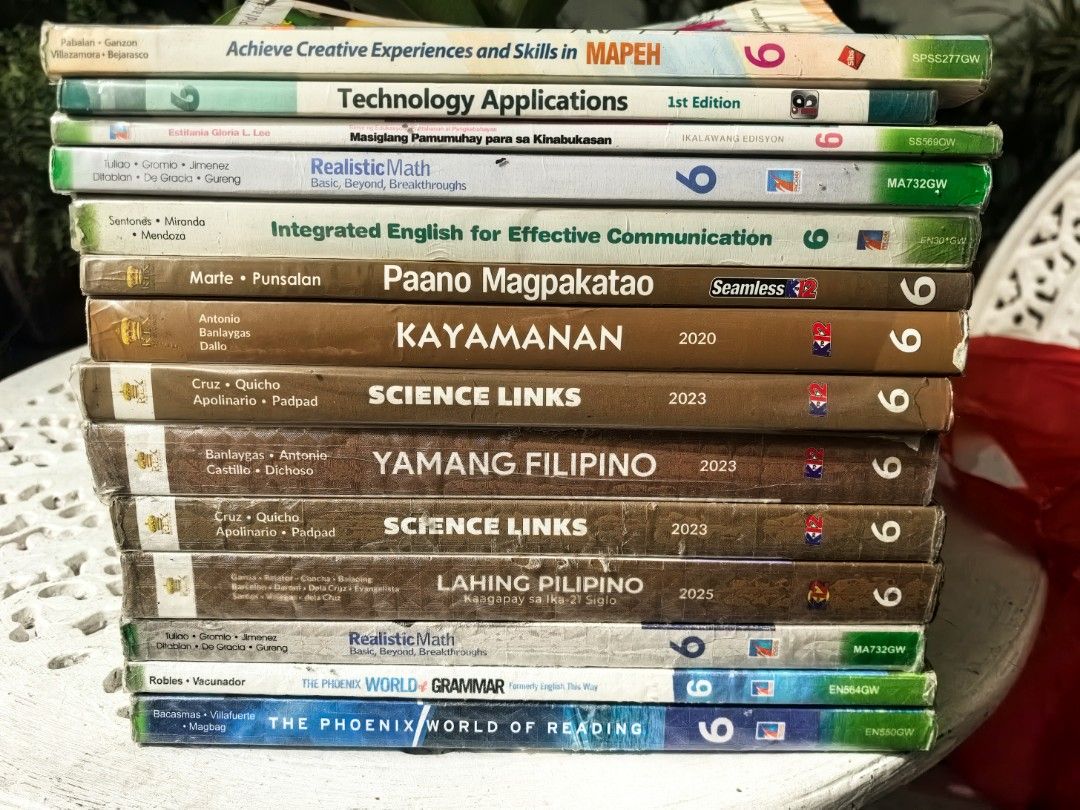 Grade 6 Textbooks - Various Subjects (Category: Textbooks) located in Antipolo. Submitted by kaye.s.p (Listing ID 1444539028, Image 1). Description: - Grade 6 books - Subjects covered: MAPEH, Technology Applications, Math, English, Araling Panlipunan, and Filipino. - Editions available: 2020, 2023, and 2025. - Ideal for students needing reference materials or for homeschooling purposes..