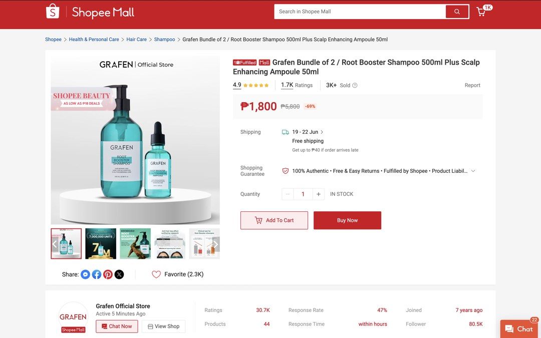 GRAFEN Hairloss Shampoo & Ampoule Bundle (Category: Hair) located in Pasig City. Submitted by missdierdre (Listing ID 1444550898, Image 3). Description: - Grafen Root Booster Shampoo (500ml) and Scalp Enhancing Ampoule (50ml) bundle - Helps fight hair loss - bought from Sh0₱ee mall (official Grafen store) for 1800 - Selling Price: P1700 - RFS: I bought the wrong product - BRAND NEW never used / opened - on hand ready to ship :).