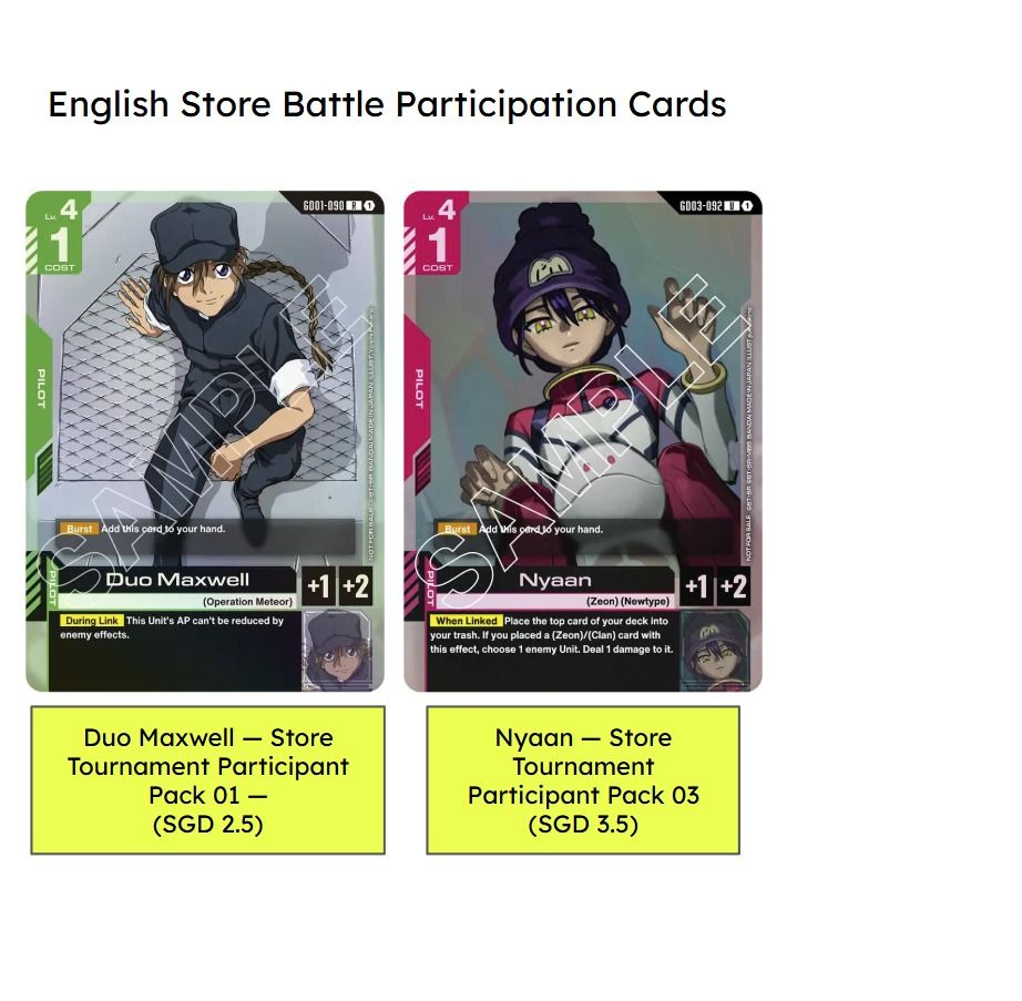 Gundam Card Game (ENG STARTER PROMOS, EXBASEs and Misc JP) (Category: Raw Cards) located in Singapore. Submitted by makotosato (Listing ID 1444656775, Image 3). Description: Hi there, Please kindly see this listing for a selection for English Cards, and misc cards. Please assume all is in binder condition (but no visible defects observed). A secondary check will be done when consolidating for shipping. Smartpac will be an additional 3 dollars. Ot