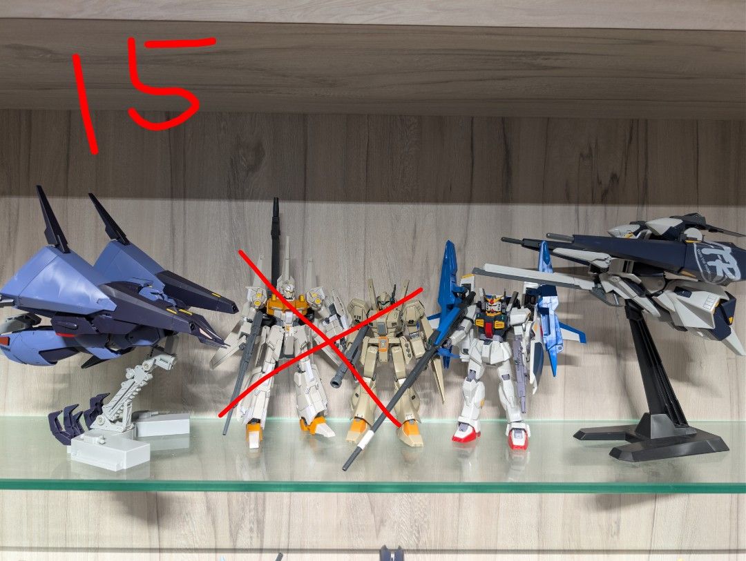Gundam HG kits BUILT #3 (Category: Gundam Model Kits) located in Singapore. Submitted by oddlaw (Listing ID 1444409610, Image 3). Description: HG kits built bandai in good condition, no box, comes with instructions booklet img 1 & 2 10 each img 3 (three p-bandai kits in the middle) 15 each last img 5 each.