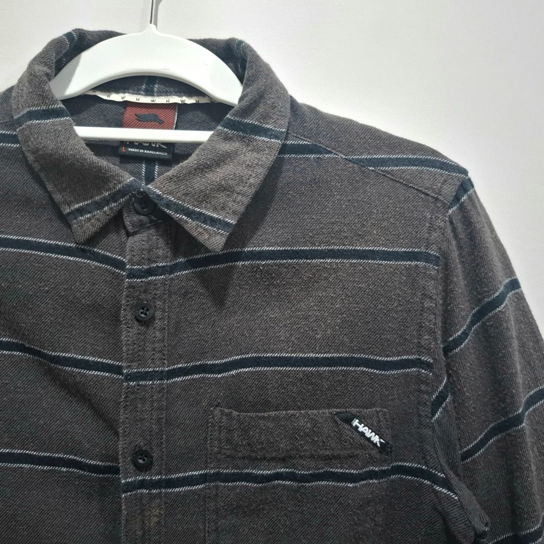 Hawk Long Sleeve Striped Button-Up Shirt (Category: Longsleeves) located in Manila. Submitted by therealdean (Listing ID 1444572417, Image 2). Description: Hawk Grey long-sleeved shirt with horizontal stripes. has a chest pocket Button-up front and collar Dimensions: 16" x 26" Sleeves: 24" RFS: decluttering clothes.