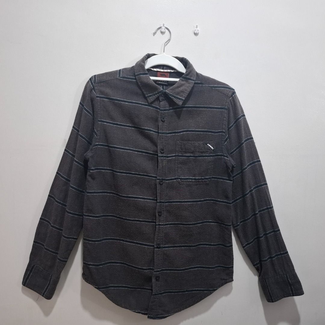 Hawk Long Sleeve Striped Button-Up Shirt (Category: Longsleeves) located in Manila. Submitted by therealdean (Listing ID 1444572417, Image 1). Description: Hawk Grey long-sleeved shirt with horizontal stripes. has a chest pocket Button-up front and collar Dimensions: 16" x 26" Sleeves: 24" RFS: decluttering clothes.