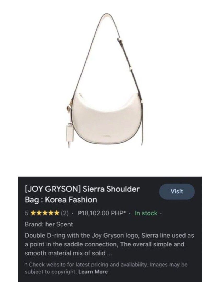 Joy Gryson White Sierra Shoulder Bag (Category: Shoulder Bags) located in Quezon City. Submitted by lordsblessing (Listing ID 1444559073, Image 1). Description: Original Joy Gryson bag from Korea. Used in K-Drama, True Beauty 😊 With missing 'JOY' at the front logo. See last 2 pics for minor flaws. But overall bag is still in nice condition..