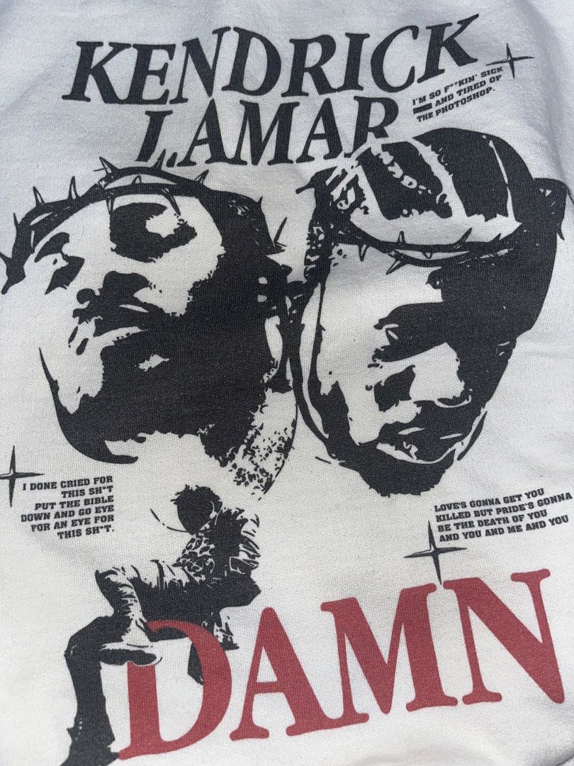 Kendrick Lamar DAMN. Crewneck Sweatshirt (Category: Hoodies) located in Makati City. Submitted by gabrayco (Listing ID 1444618577, Image 2). Description: - White crewneck sweatshirt - Features Kendrick Lamar's DAMN. album art on the front - Back displays the DAMN. album tracklist and credits - Gildan Heavy Blend tag - Ideal for any Kendrick Lamar fan - dimes: Width(pit to pit) 21.5 inches length 26 inches very good condition.