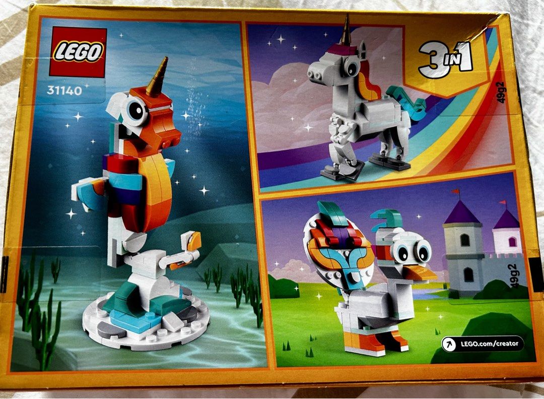 LEGO Creator 3-in-1 Unicorn Set 31140 (Category: Lego & Building Sets) located in Pasig City. Submitted by royalregistry (Listing ID 1444600259, Image 2). Description: - LEGO Creator 3-in-1 set 31140 - Build 3 different models: unicorn, seahorse, or duck - Encourages creative play - All pieces are included.