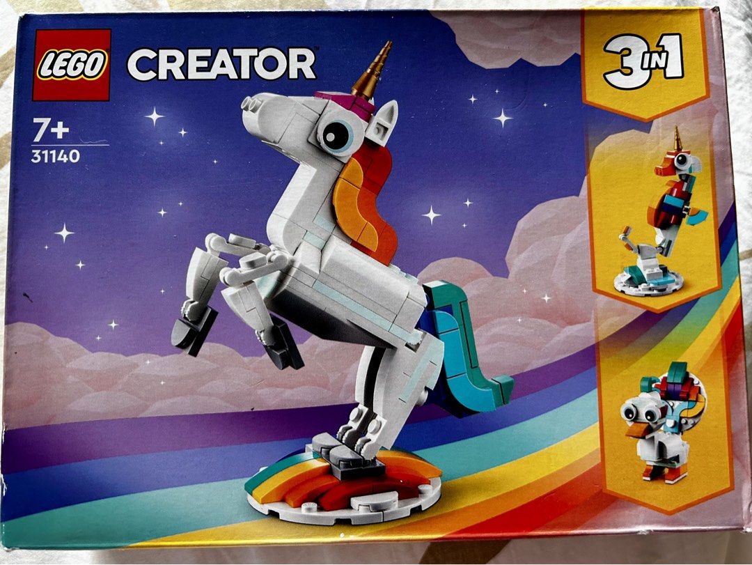 LEGO Creator 3-in-1 Unicorn Set 31140 (Category: Lego & Building Sets) located in Pasig City. Submitted by royalregistry (Listing ID 1444600259, Image 1). Description: - LEGO Creator 3-in-1 set 31140 - Build 3 different models: unicorn, seahorse, or duck - Encourages creative play - All pieces are included.