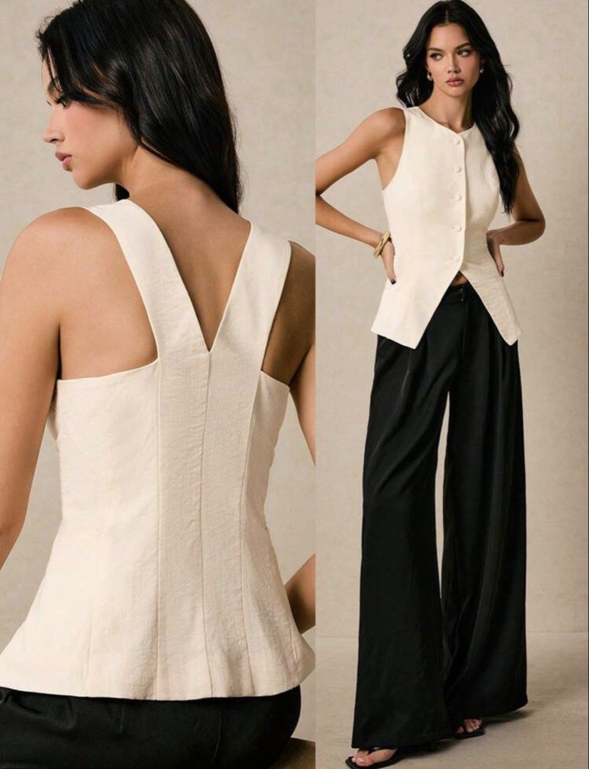 Linen Cream Sleeveless Button-Up Vest Top (Category: Sleeveless) located in Quezon City. Submitted by sabscloset__ (Listing ID 1444586741, Image 2). Description: Bought this for ₱580 Never been used ROF: wrong size (too small) MOP: GCash, Unionbank.