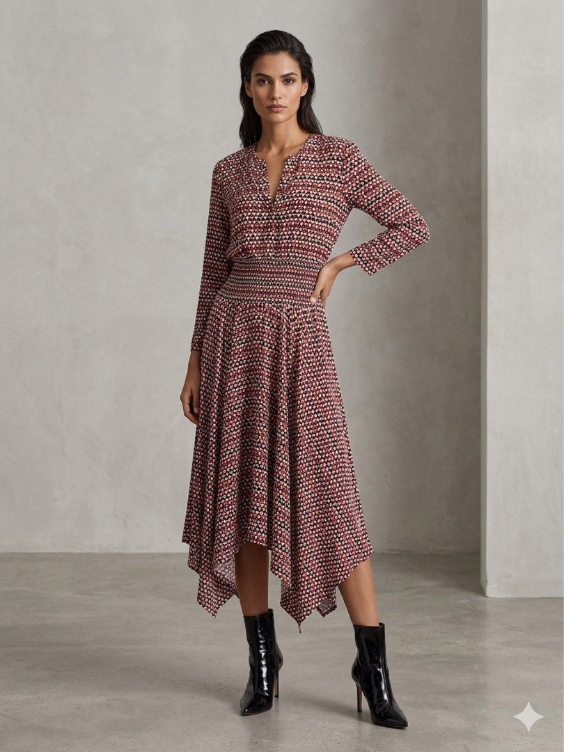 MAJE PRINTED ASYMMETRIC HEM DRESS (Category: Dresses) located in Pasig City. Submitted by vetementsdemanila (Listing ID 1444566344, Image 1). Description: MAJE PRINTED ASYMMETRIC HEM DRESS New without tags Size: 2 Bust: 38 inches Waist: 28 inches (garterized) Length: 48 inches P1950 PLUS SHIPPING.