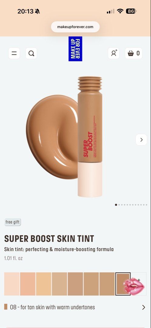 MAKE UP FOR EVER Super Boost Skin Tint (Shade 08) (Category: Makeup) located in Paranaque City. Submitted by izdeclutters (Listing ID 1444610962, Image 1). Description: - MAKE UP FOR EVER Super Boost Skin Tint - Shade: 08 - Perfecting moisture boosting formula - Achieves a natural finish - Comes in original packaging Purchased in Sephora BKK Swatches 1x .