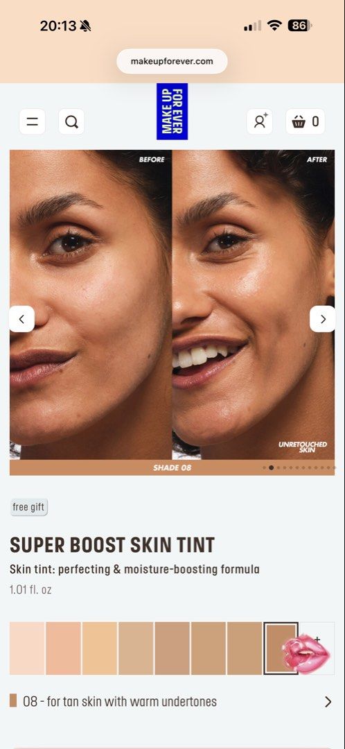 MAKE UP FOR EVER Super Boost Skin Tint (Shade 08) (Category: Makeup) located in Paranaque City. Submitted by izdeclutters (Listing ID 1444610962, Image 2). Description: - MAKE UP FOR EVER Super Boost Skin Tint - Shade: 08 - Perfecting moisture boosting formula - Achieves a natural finish - Comes in original packaging Purchased in Sephora BKK Swatches 1x .