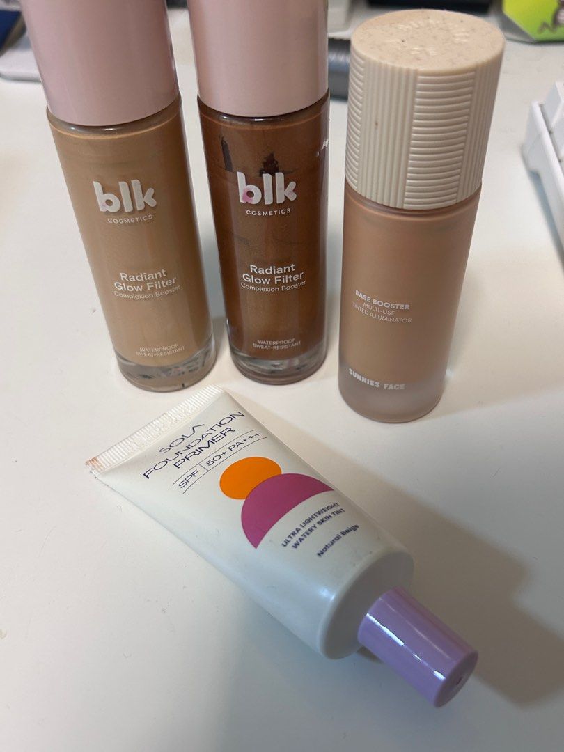 Makeup Base Bundle (Foundation + Illuminators) (Category: Makeup) located in Makati City. Submitted by rkivegf_ (Listing ID 1444627866, Image 1). Description: GET ALL FOR 600!! includes: - sola foundation primer natural beige (₱699) 2028 expiration - blk glow filter sand (₱599) - blk glow filter island glow (₱599) - sunnies base booster 01 (₱695) 💸: total cost would be ₱2592 🧾: payment first basis (GCash, BDO) 📦: lalamove / JRS (shouldered by 