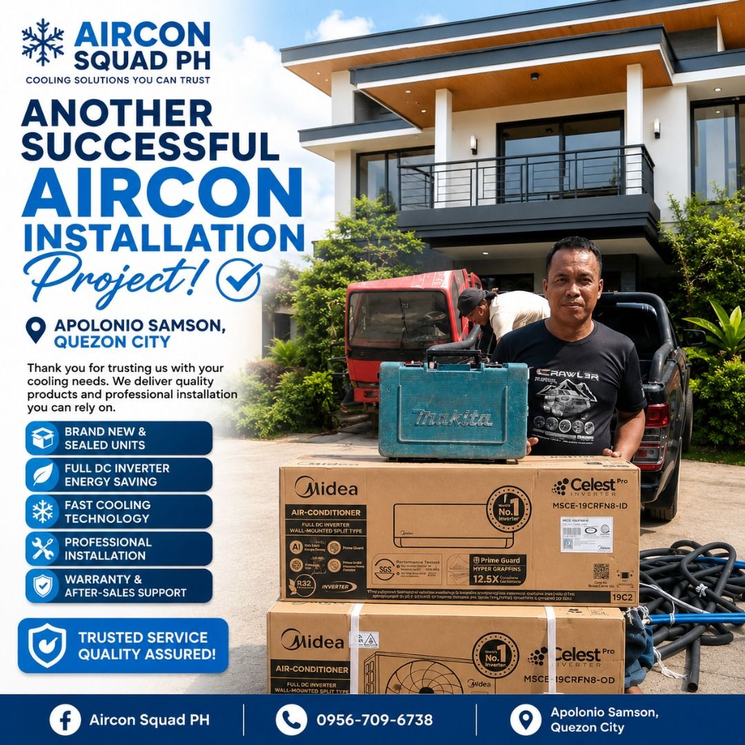 Midea Celest Pro Split Type AC (Category: Air Conditioning and Heating) located in Caloocan City. Submitted by cian_22 (Listing ID 1444505756, Image 1). Description: 𝘈𝘯𝘰𝘵𝘩𝘦𝘳 𝘴𝘶𝘤𝘤𝘦𝘴𝘴𝘧𝘶𝘭 𝘢𝘪𝘳𝘤𝘰𝘯 𝘪𝘯𝘴𝘵𝘢𝘭𝘭𝘢𝘵𝘪𝘰𝘯 𝘥𝘰𝘯𝘦! ❄️💙 𝘛𝘩𝘢𝘯𝘬 𝘺𝘰𝘶 𝘧𝘰𝘳 𝘵𝘳𝘶𝘴𝘵𝘪𝘯𝘨 𝘶𝘴 𝘸𝘪𝘵𝘩 𝘺𝘰𝘶𝘳 𝘤𝘰𝘰𝘭𝘪𝘯𝘨 𝘯𝘦𝘦𝘥𝘴. 𝘌𝘯𝘫𝘰𝘺 𝘢 𝘮𝘰𝘳𝘦 𝘤𝘰𝘮𝘧𝘰𝘳𝘵𝘢𝘣𝘭𝘦 𝘢𝘯𝘥 𝘳𝘦𝘧𝘳𝘦𝘴𝘩𝘪𝘯𝘨 𝘴𝘱𝘢𝘤𝘦 𝘸𝘪𝘵𝘩 𝘲𝘶𝘢𝘭�