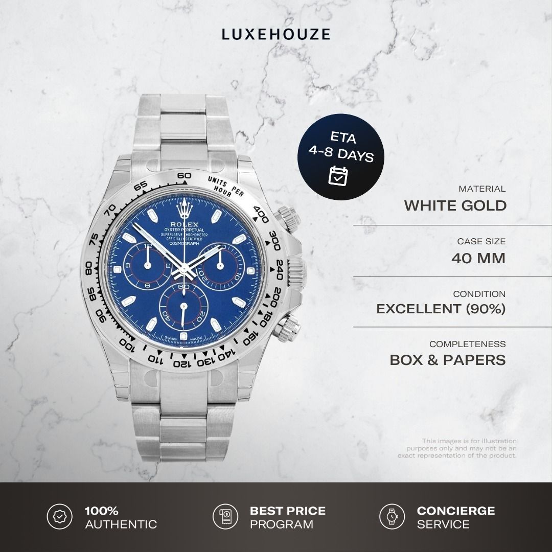 Mint Jan 2022 Rolex Daytona 116509 Blue Dial Oyster (Category: Watches) located in Singapore. Submitted by luxehouze (Listing ID 1442764920, Image 1). Description: READY FOR EXTRA DEALS? Join our Community for special offers and latest arrivals! //bit.ly/LHWatchesSG Luxehouze is your trusted marketplace to buy and sell luxury goods. Luxehouze SG Pte Ltd is a licensed luxury goods marketplace and regulated dealer. WHY US? 100% Authentic with Money