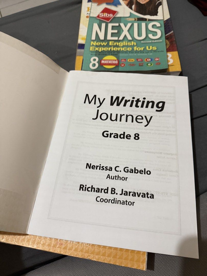 My Writing Journey Grade 8 Textbook (Category: Textbooks) located in Manila. Submitted by gailq (Listing ID 1444594016, Image 3). Description: - Textbook: My Writing Journey - Grade Level: 8 - Authors: Nerissa C. Gabelo & Richard B. Jaravata - Publisher: Gintong Aral Publications - Ideal for Grade 8 students - Please check photos for detailed condition..