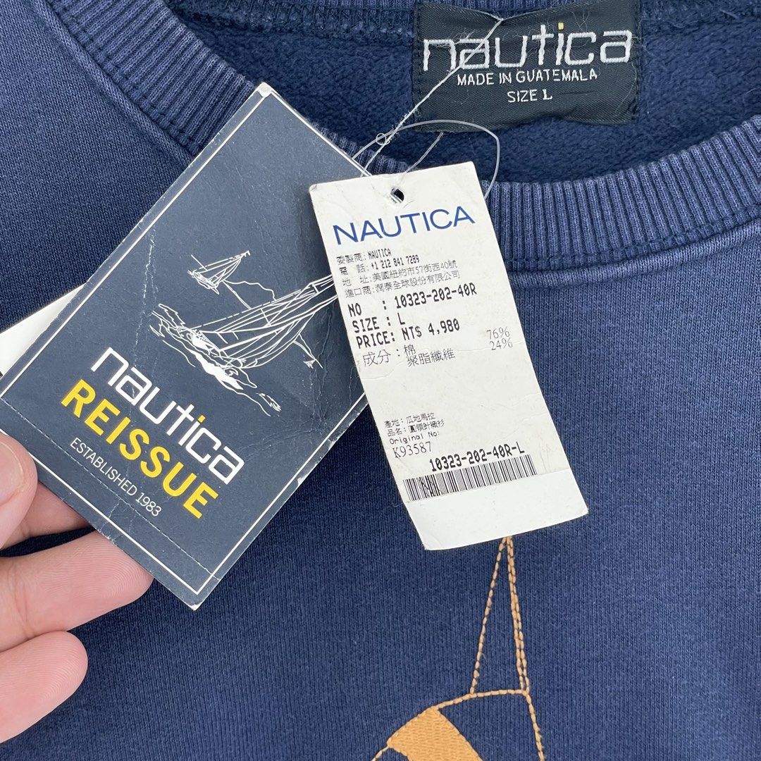 Nautica Reissue Embroidered Logo Sweater (Category: Hoodies) located in Mandaluyong City. Submitted by armrhts (Listing ID 1444629834, Image 3). Description: Size: Large Dimensions(inches) •Width: 25" •Length: 28" •Pit to Cuff: 20" .