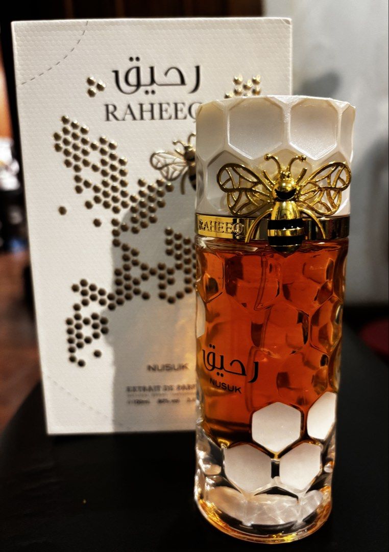 Nusuk Raheeq edp 100ml (Category: Fragrance & Deodorants) located in Manila. Submitted by bert777 (Listing ID 1444562682, Image 1). Description: - Nusuk Raheeq Extrait de Parfum - 100ml bottle - Unique bee design with honeycomb pattern - Comes with original box - Highly praised fragrance Smells like honey. Sweet and gourmandy .