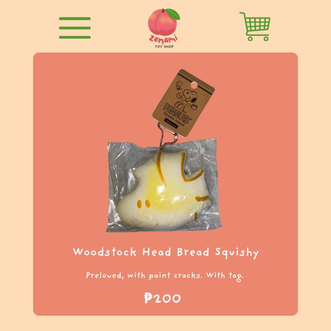 Peanuts Woodstock Head Bread Squishy with Tag (Category: Character Goods) located in Calamba. Submitted by znmshp (Listing ID 1444656928, Image 1). Description: - Preloved Woodstock Head Bread Squishy from Peanuts - Features original tag - Note: Has paint cracks.