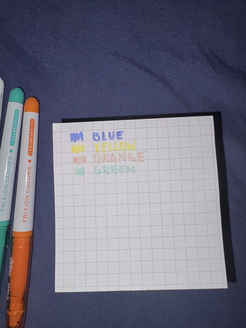 Pilot FriXion Colors Erasable Marker Pens (Category: Stationery & School Supplies) located in Marikina City. Submitted by savedbygracephb (Listing ID 1444672106, Image 3). Description: - Set of 4 Pilot FriXion Colors erasable marker pens - Includes blue, yellow, green, and orange - Ideal for notes, journaling, and planning - Erasable ink for mistake-free writing - Enjoy a smooth writing experience - sells 400-600 on orange for 6 colors.