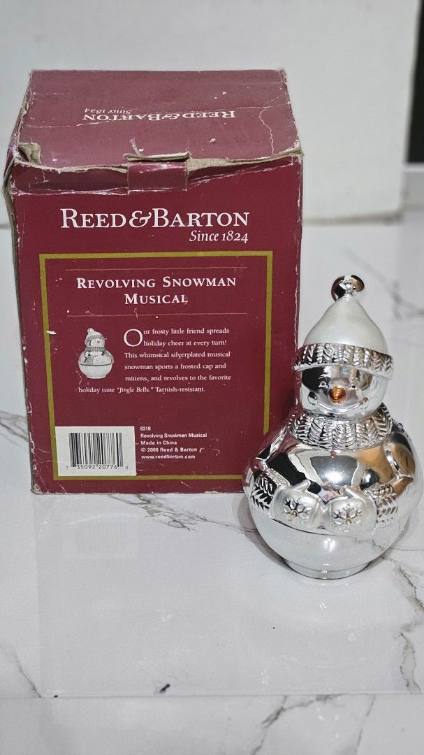 Reed & Barton Revolving Snowman Musical (Category: Other Home Decor) located in Balanga. Submitted by momstyle.ph (Listing ID 1444558193, Image 2). Description: - Reed & Barton revolving snowman musical - Plays a tune - Silver plated - Comes in original box - Box shows some wear - Great for holiday decor SALE PRICE❤️.