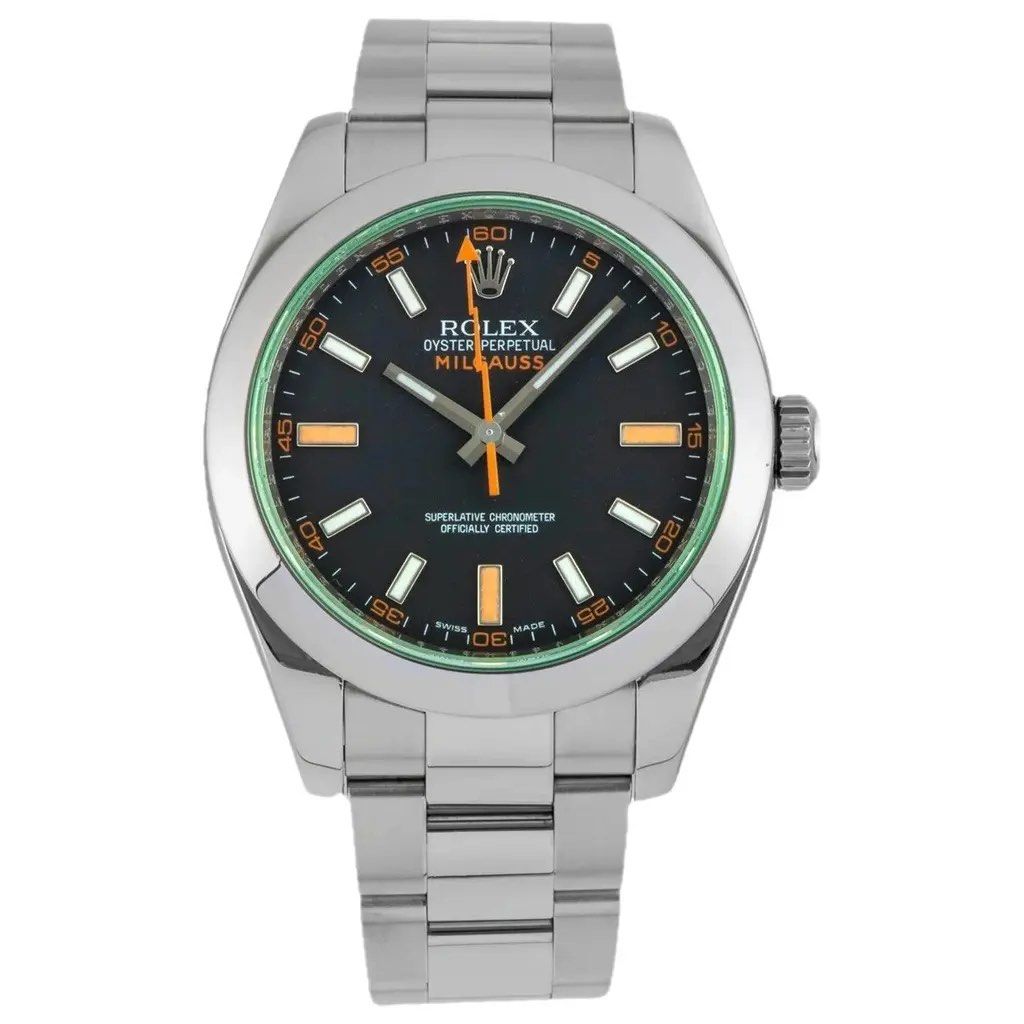 Rolex Oyster Perpetual Milgauss 116400GV Black Dial Watch (Category: Watches) located in Singapore. Submitted by skiii99 (Listing ID 1444584810, Image 1). Description: - Rolex Milgauss 116400GV - Discontinued model - 40mm stainless steel case - Black dial with iconic green accents - Oyster bracelet - Water resistant up to 100m - Caliber 3131 movement -some seals still on - Comes with original box and warranty card.