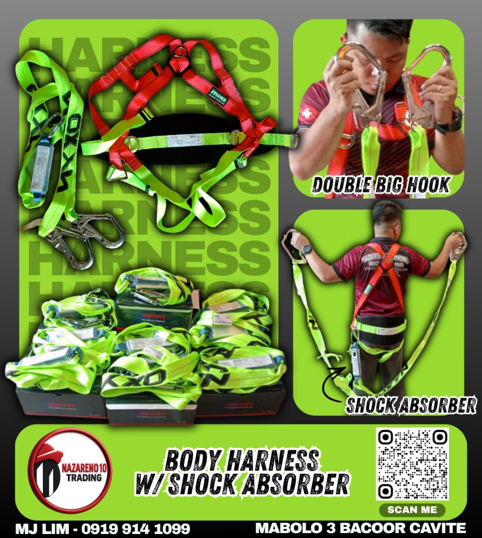 Safety Harness (OXYN w/ back Support & Shock Absorber) (Category: Construction Tools & Equipment) located in Bacoor. Submitted by zealmountain-375a (Listing ID 1444498816, Image 1). Description: Safety Harness (OXYN) With Back Support With Double Webbing Lanyard w/ Shock Absorber With Chrome-plated Carbon Steel Carabiner Meets CE EN355:2002 Standards Max Weight Capacity of 310 LBS. / 140 kg Max Arresting Force- 600 LBS. / 273 kg Max Elongation – 