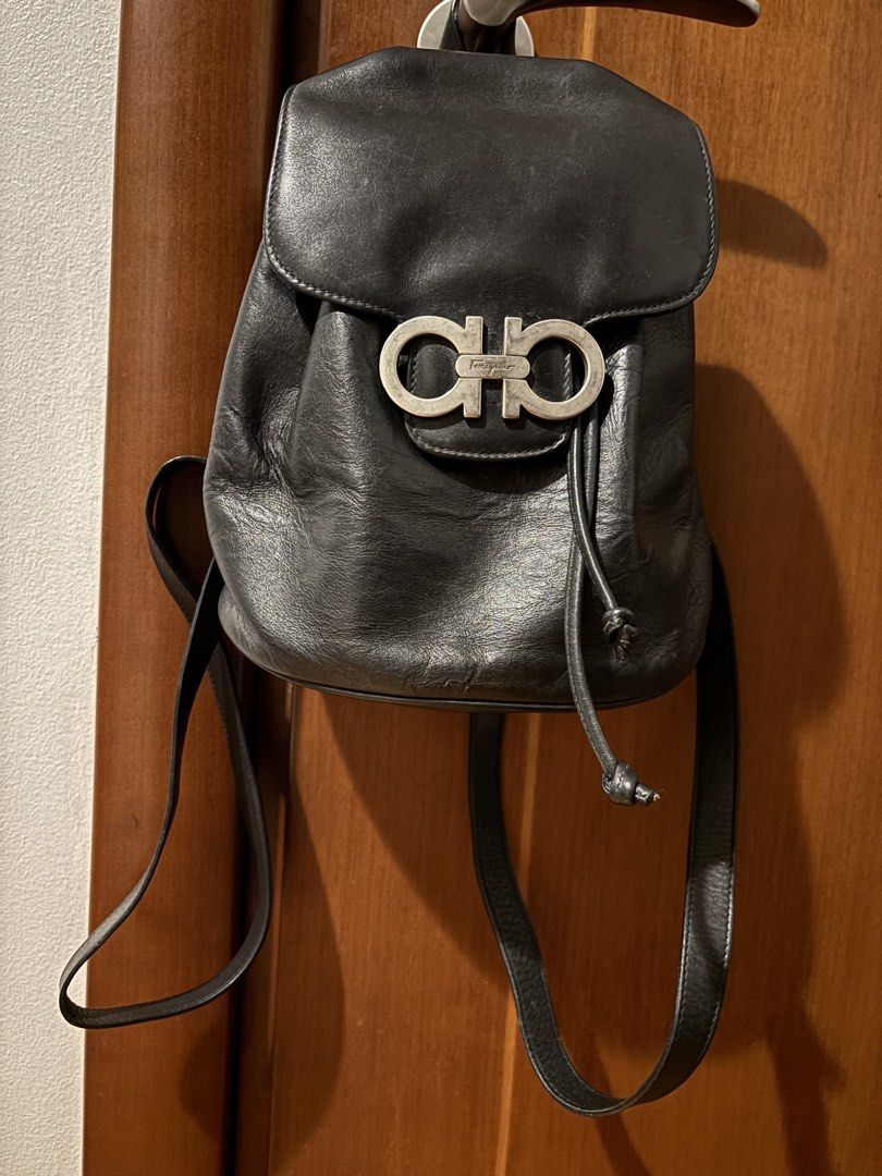 Authentic Ferragamo Leather Backpack (Category: Luxury Bags & Wallets) located in Muntinlupa City. Submitted by hi.zsl (Listing ID 1444635823, Image 3). Description: 💯 Authentic Salvatore Ferragamo black leather mini backpack • Features iconic Gancini clasp • Secure drawstring closure • Distressed leather look from Japan 🇯🇵 RFS: Decluttering 🏷️ P5,800. No low ballers pls. ✌️ .