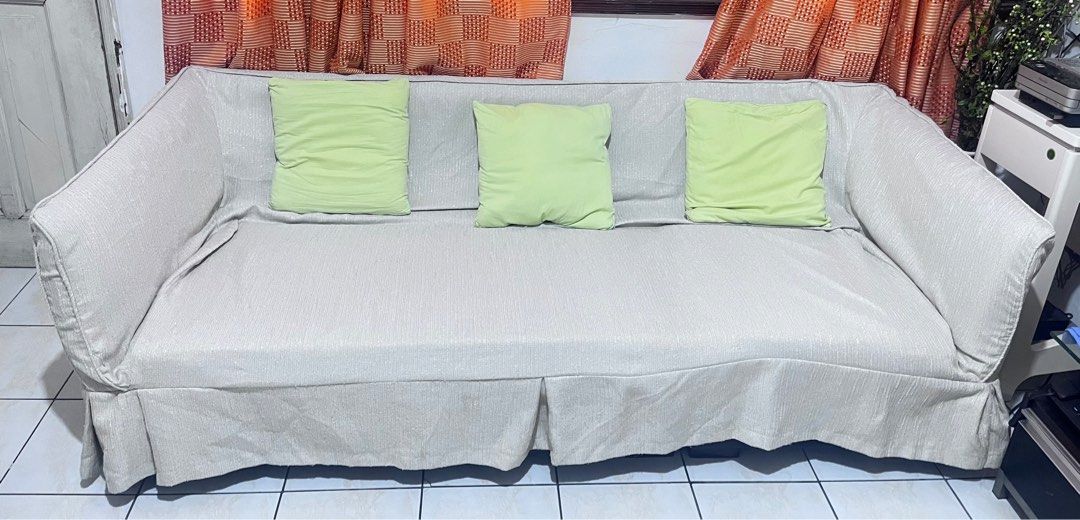 Sofa with free 3 thick pillows (Our Home) (Category: Sofas) located in Taytay. Submitted by miriel.page (Listing ID 1444530188, Image 1). Description: Our Home brand sofa No issue / no damage Free 3 thick pillows Free cover Pm for more details Taytay loc.
