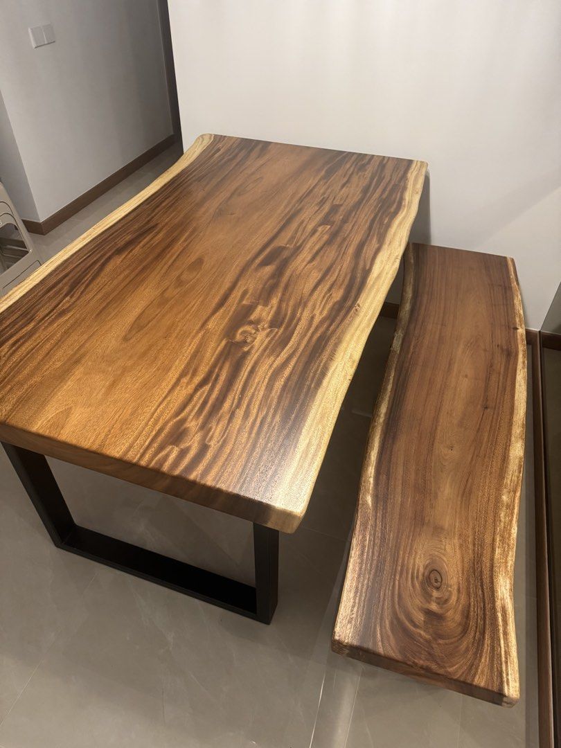 Solid timber dining table set (Category: Tables & Sets) located in Singapore. Submitted by masricosuave (Listing ID 1444634300, Image 1). Description: Solid Timber Dining table set plus solid bench for Moving Out sale. Kindly arrange own transport for collection. Nego if act fast.. .