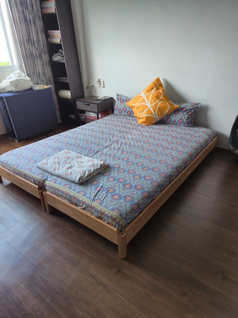 Stackable bed Ikea (Category: Bed Frames & Mattresses) located in Singapore. Submitted by devan1707 (Listing ID 1444525111, Image 2). Description: these are stackable bed. can be used as 2 single , stacked or side by side as queen. with 2 mattress - $229 without mattress - $150.